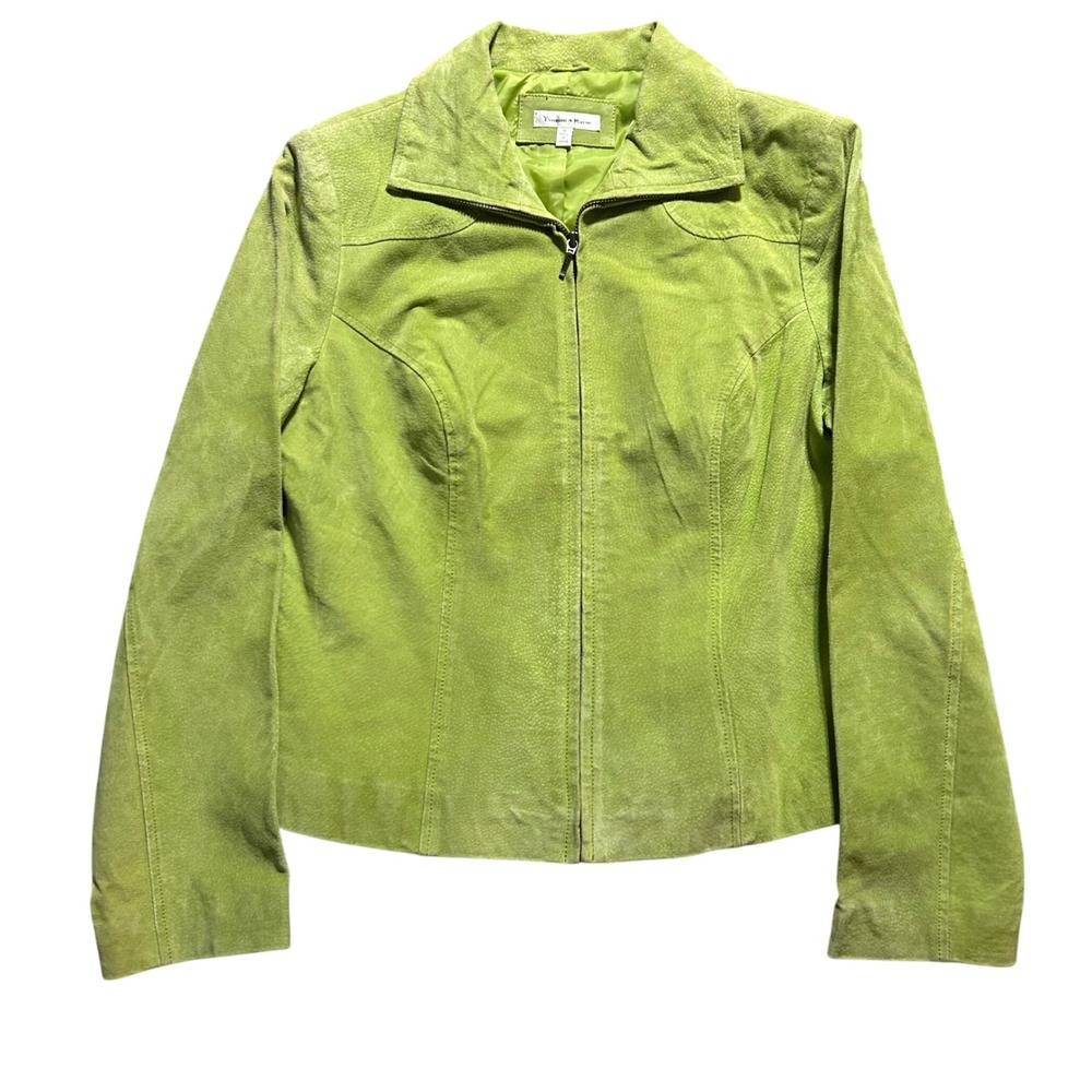 Yvonne & Marie Leather Jacket Women 10 Lime Green Zip Up Collared Suede Moto